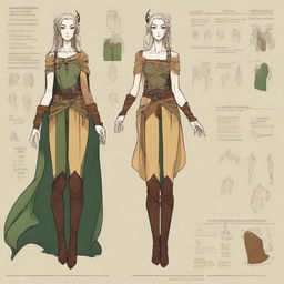 Create a 2D full body Dungeons and Dragons character reference sheet for a female druid Fey Eladrin