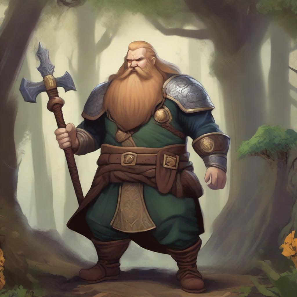 A dwarvish man with golden hair, wearing traditional Dungeons & Dragons (DnD) attire