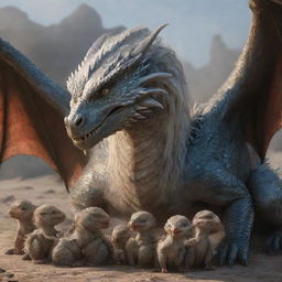 A realistic depiction of Daenerys Targaryen's dragon tenderly feeding its three baby dragons