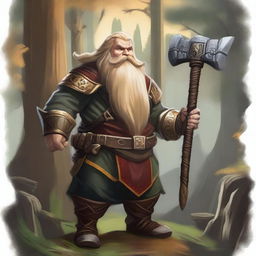 A dwarvish man with golden hair, wearing traditional Dungeons & Dragons (DnD) attire