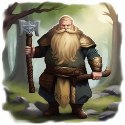 A dwarvish man with golden hair, wearing traditional Dungeons & Dragons (DnD) attire