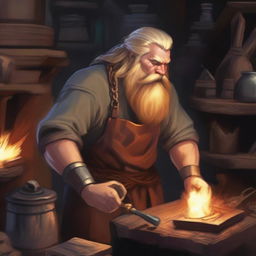 A dwarvish male with golden hair, working diligently in a forge