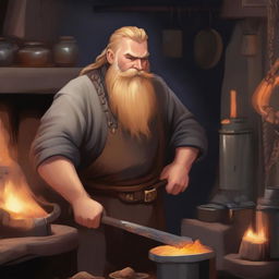 A dwarvish male with golden hair, working diligently in a forge