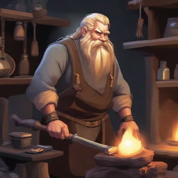 A dwarvish male with golden hair, working diligently in a forge