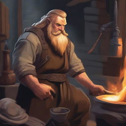 A dwarvish male with golden hair, working diligently in a forge