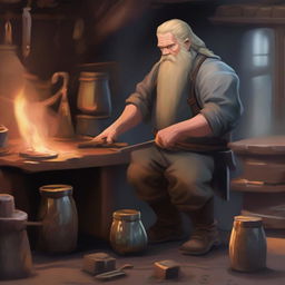 A dwarvish male with golden hair, working diligently in a forge