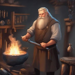 A dwarvish male with golden hair, working diligently in a forge