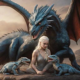 A realistic depiction of Daenerys Targaryen's dragon tenderly feeding its three baby dragons