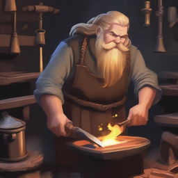 A dwarvish male with golden hair, working diligently in a forge