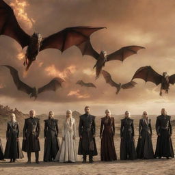 A panoramic photo capturing all generations of the Targaryen lineage up to Daenerys, with dragons soaring in the background sky