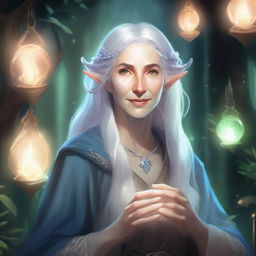 An old Elvish woman in the Dungeons & Dragons (DnD) art style, surrounded by swirling magical energies