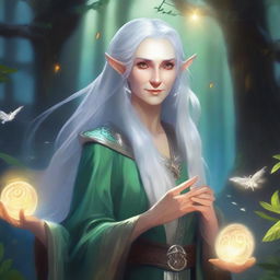 An old Elvish woman in the Dungeons & Dragons (DnD) art style, surrounded by swirling magical energies