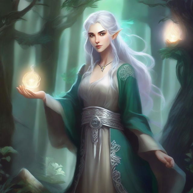 An old Elvish woman in the Dungeons & Dragons (DnD) art style, surrounded by swirling magical energies