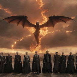 A panoramic photo capturing all generations of the Targaryen lineage up to Daenerys, with dragons soaring in the background sky