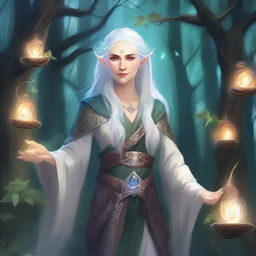 An old Elvish woman in the Dungeons & Dragons (DnD) art style, surrounded by swirling magical energies