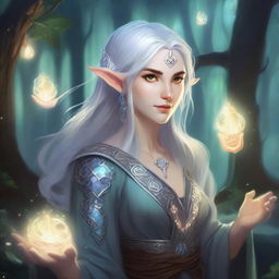 An ancient Elvish woman in the Dungeons & Dragons (DnD) art style, surrounded by swirling magical energies