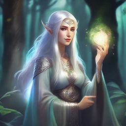 An ancient Elvish woman in the Dungeons & Dragons (DnD) art style, surrounded by swirling magical energies