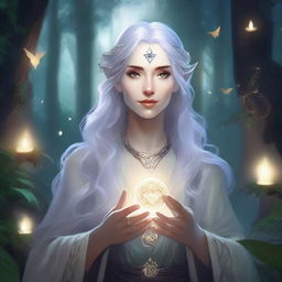 An ancient Elvish woman in the Dungeons & Dragons (DnD) art style, surrounded by swirling magical energies