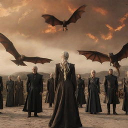 A panoramic photo capturing all generations of the Targaryen lineage up to Daenerys, with dragons soaring in the background sky