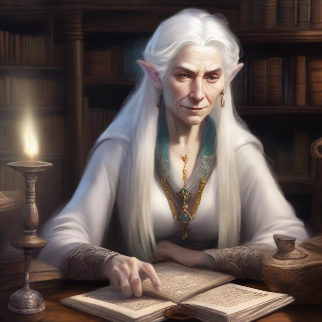 An extremely old Elvish woman in the Dungeons & Dragons (DnD) art style, surrounded by a vast collection of ancient books