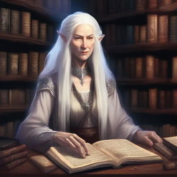 An extremely old Elvish woman in the Dungeons & Dragons (DnD) art style, surrounded by a vast collection of ancient books