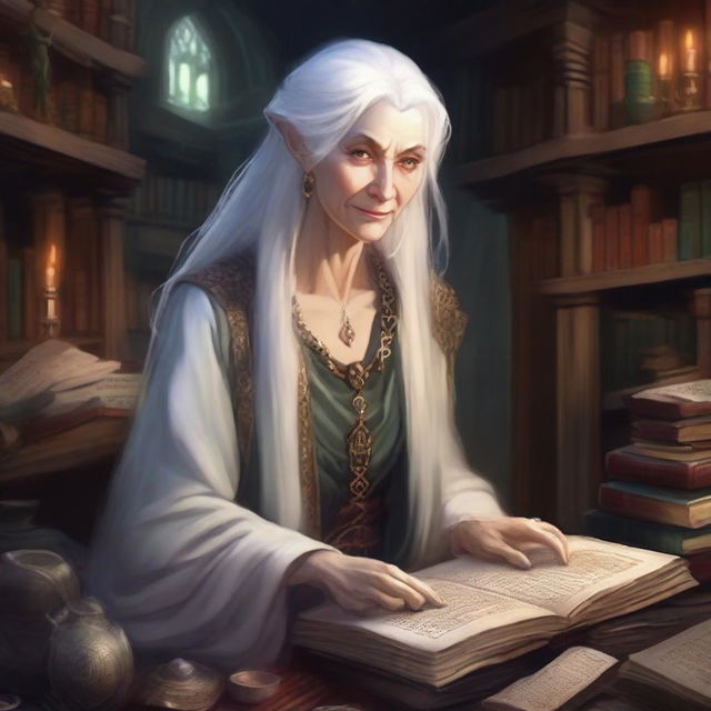 An extremely old Elvish woman in the Dungeons & Dragons (DnD) art style, surrounded by a vast collection of ancient books