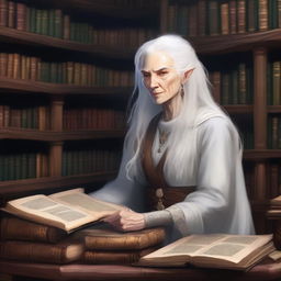 An extremely old Elvish woman in the Dungeons & Dragons (DnD) art style, surrounded by a vast collection of ancient books