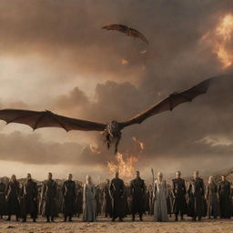 A panoramic photo capturing all generations of the Targaryen lineage up to Daenerys, with dragons soaring in the background sky