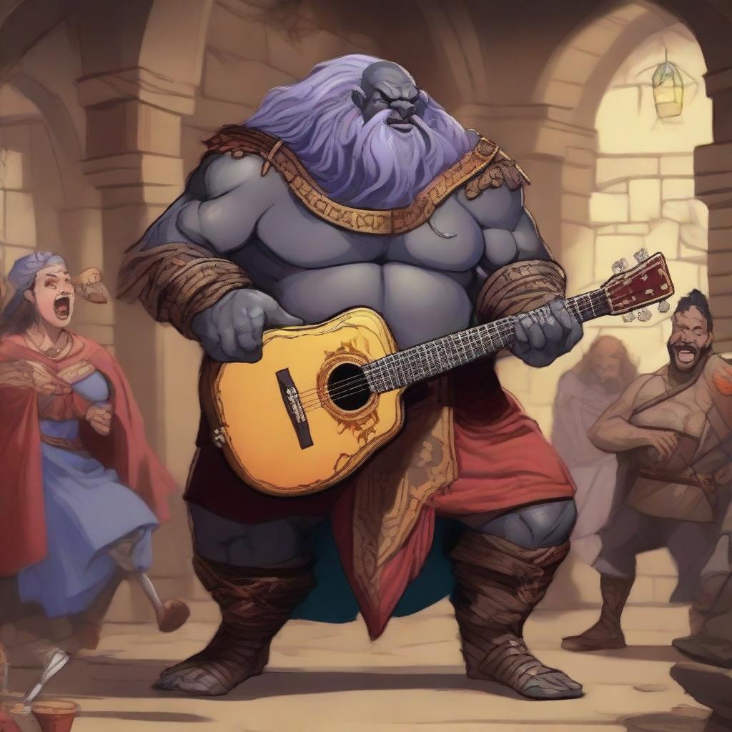 A Goliath bard in the Dungeons & Dragons (DnD) universe