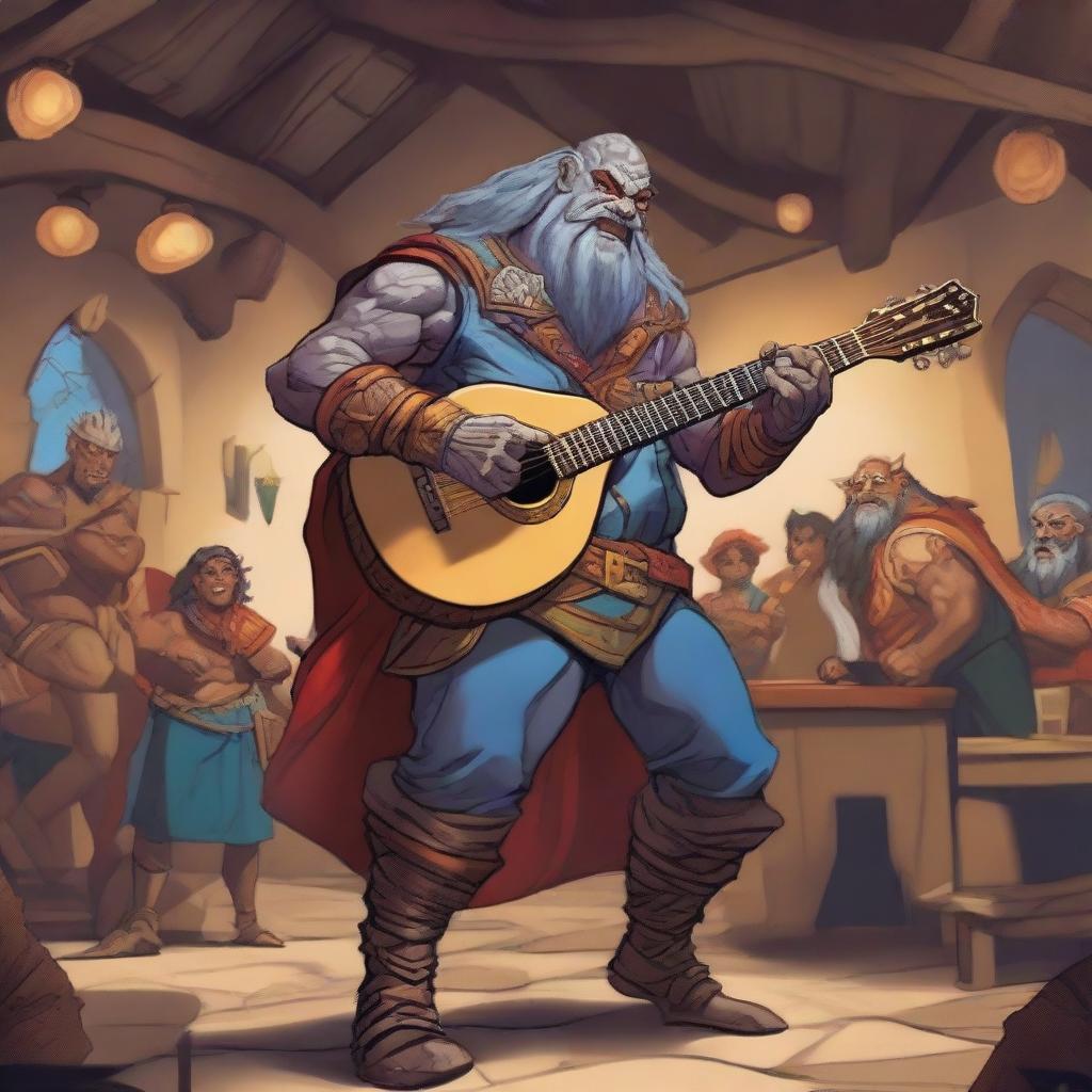 A Goliath bard in the Dungeons & Dragons (DnD) universe