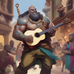 A Goliath bard in the Dungeons & Dragons (DnD) universe