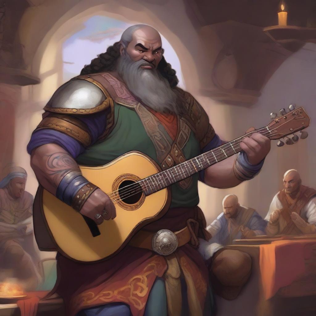 A handsome Goliath bard in the Dungeons & Dragons (DnD) universe