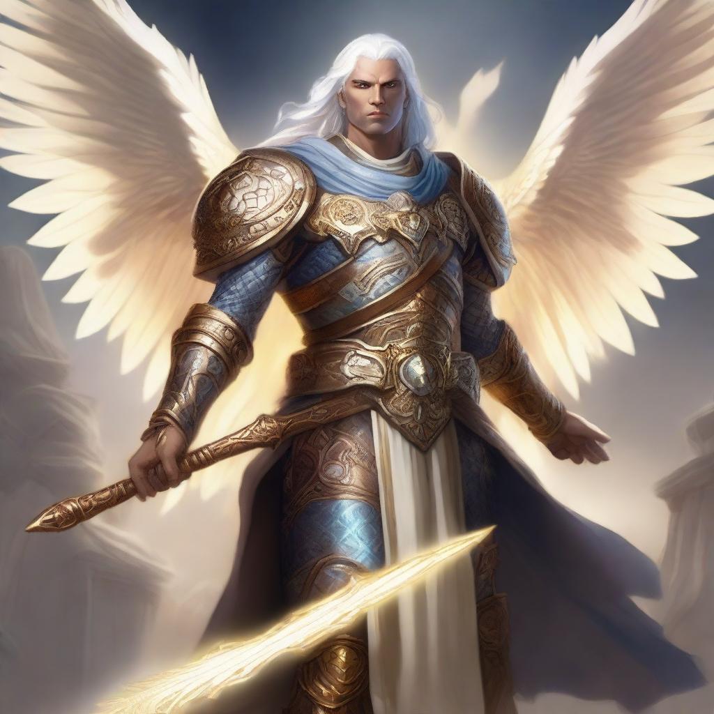 A male Aasimar character in the Dungeons & Dragons (DnD) universe