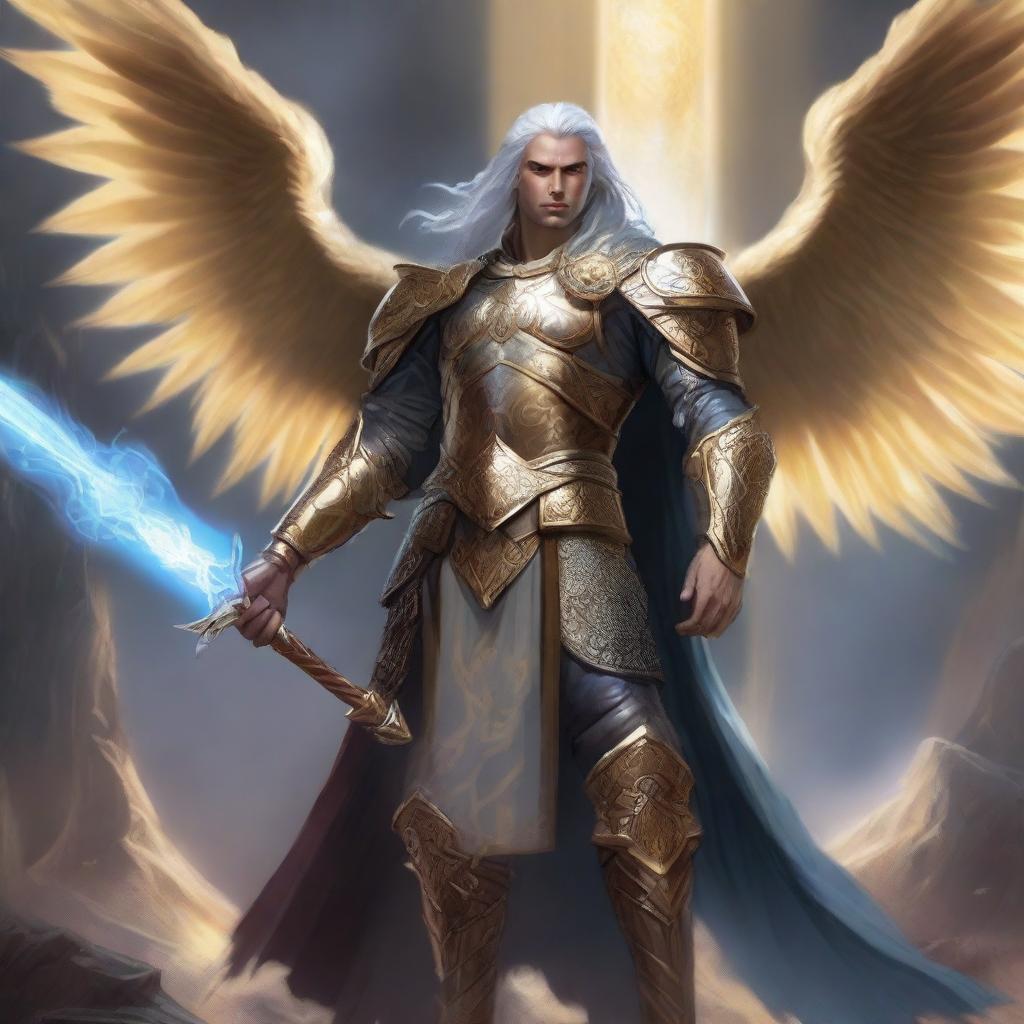 A male Aasimar character in the Dungeons & Dragons (DnD) universe