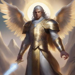 A male Aasimar character in the Dungeons & Dragons (DnD) universe