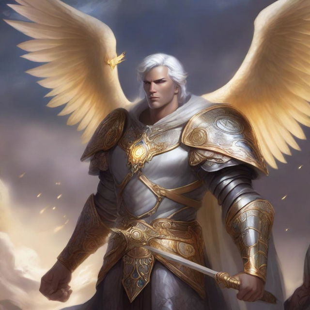 A male Aasimar character in the Dungeons & Dragons (DnD) universe