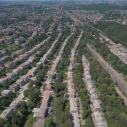 Aerial view of Avdiivka, Ukraine showing the urban landscape, residential buildings, streets, and surrounding nature in daytime.