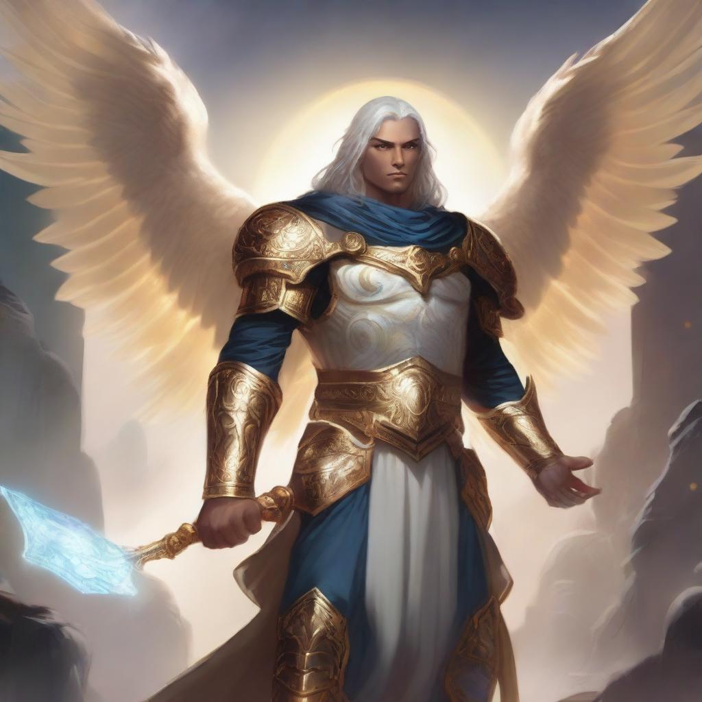 A male Aasimar character in the Dungeons & Dragons (DnD) universe