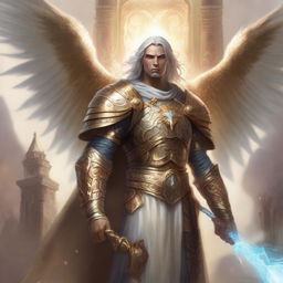 A male Aasimar character in the Dungeons & Dragons (DnD) universe