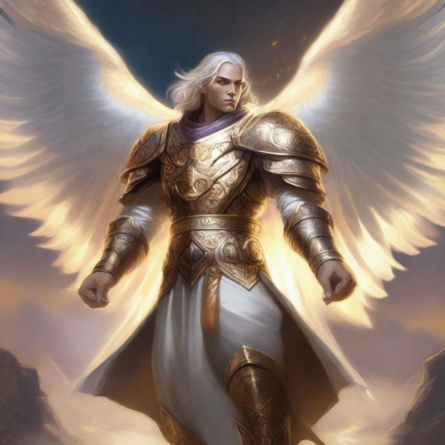 A male Aasimar character in the Dungeons & Dragons (DnD) universe