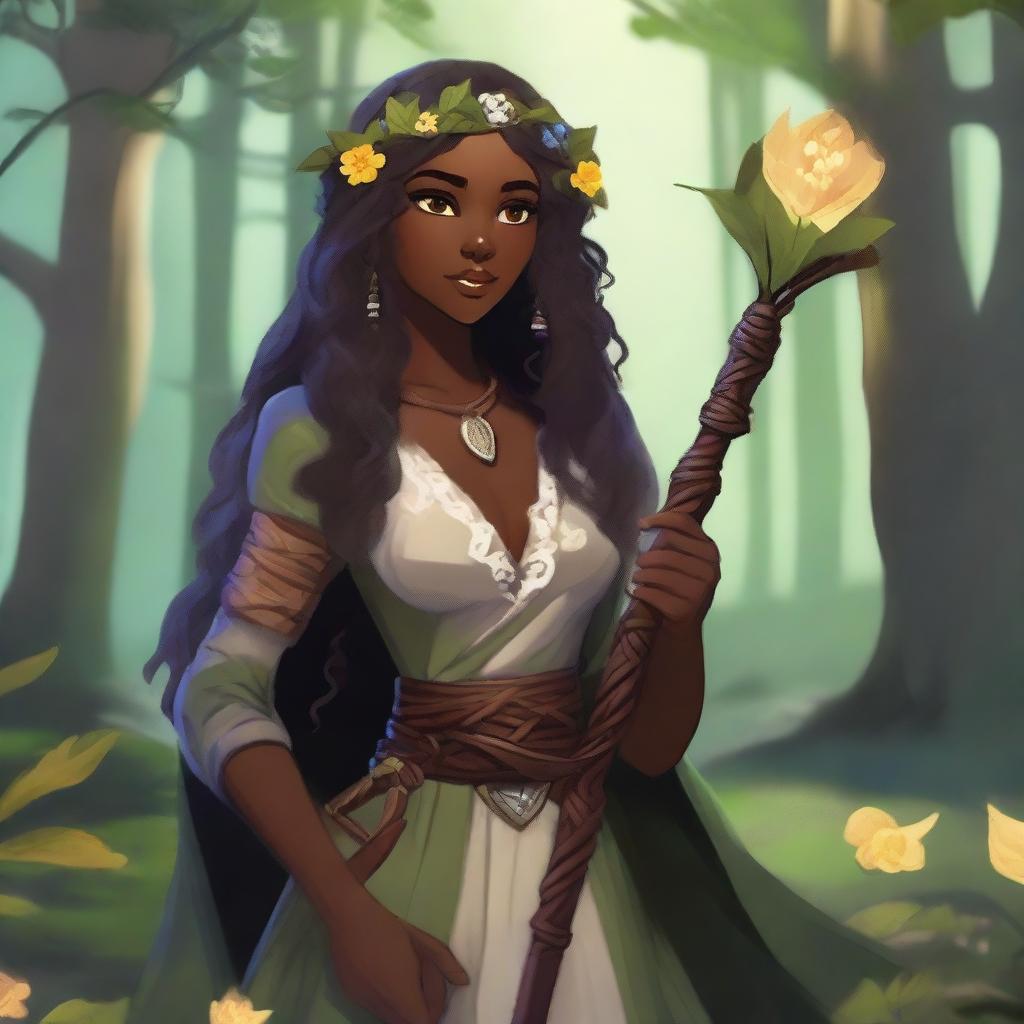 A black female druid character in the Dungeons & Dragons (DnD) universe