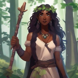 A black female druid character in the Dungeons & Dragons (DnD) universe