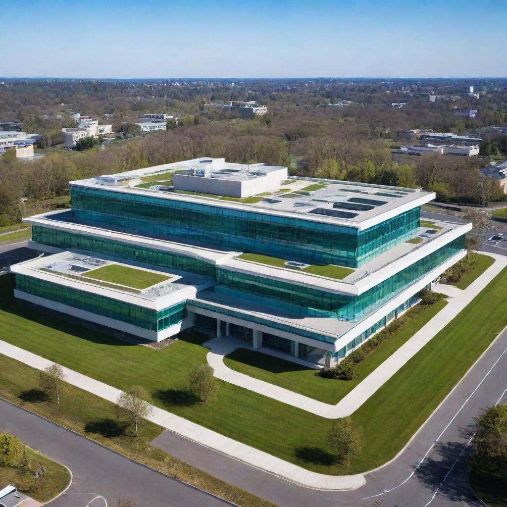 A modern hospital with large glass windows, a lush green front lawn, and a helipad on the roof under a clear blue sky.