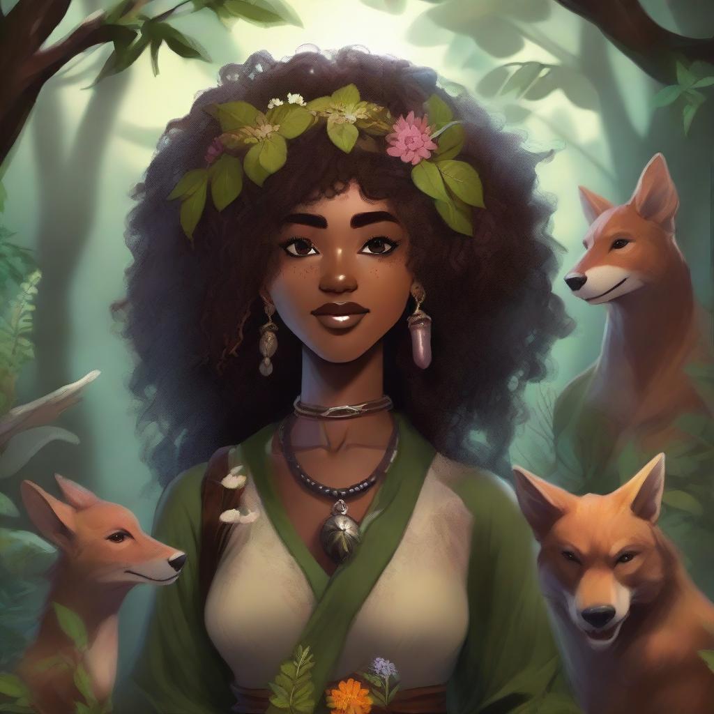 A Black human woman druid character in the Dungeons & Dragons (DnD) universe