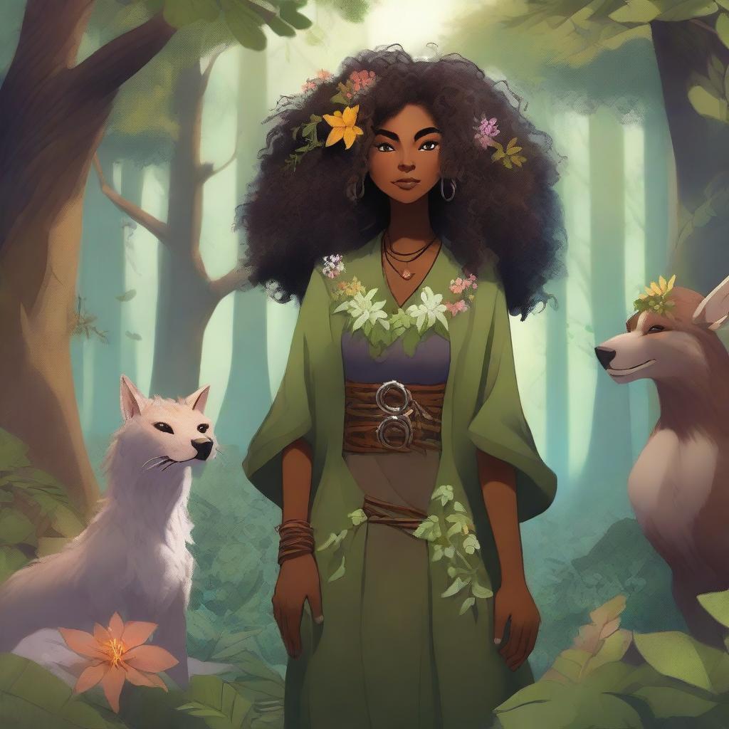 A Black human woman druid character in the Dungeons & Dragons (DnD) universe