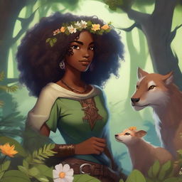 A Black human woman druid character in the Dungeons & Dragons (DnD) universe