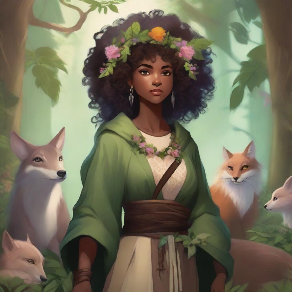 A Black human woman druid character in the Dungeons & Dragons (DnD) universe