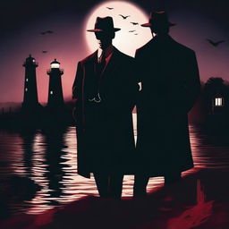 A mafia boss standing with his lover by a river of blood, both dressed in 1920s attire