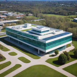 A modern hospital with large glass windows, a lush green front lawn, and a helipad on the roof under a clear blue sky.