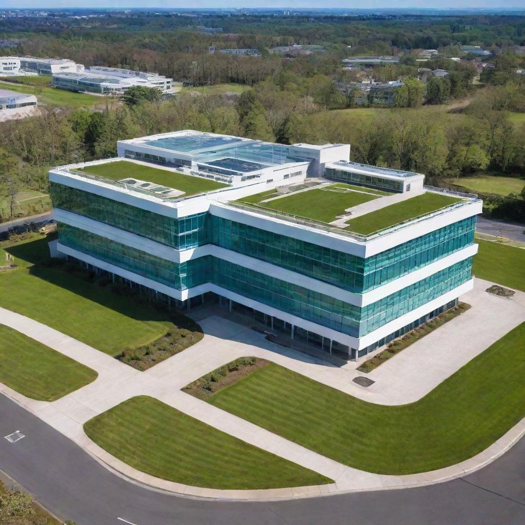 A modern hospital with large glass windows, a lush green front lawn, and a helipad on the roof under a clear blue sky.